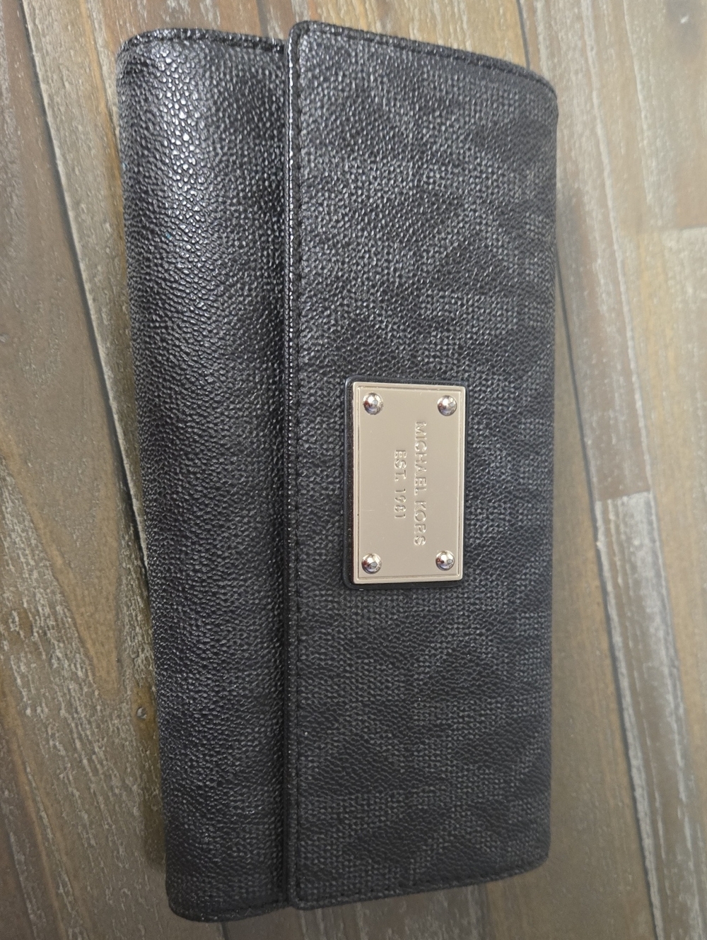 Michael Kors Black Pebbled Leather Continental Wallet with Silver Plaque
